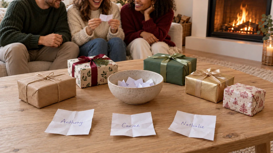 Des amis rient autour de petits cadeaux pendant un Secret Santa, dans un salon chaleureux.
